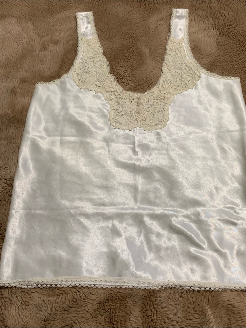 Silk & Satin Lace Trim Cami Tank Top - Cream, Sz P/S